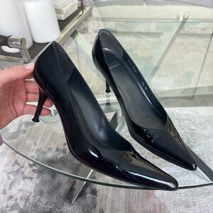 Stuart Weitzman Black Patent Pointed-Toe Pump Heels